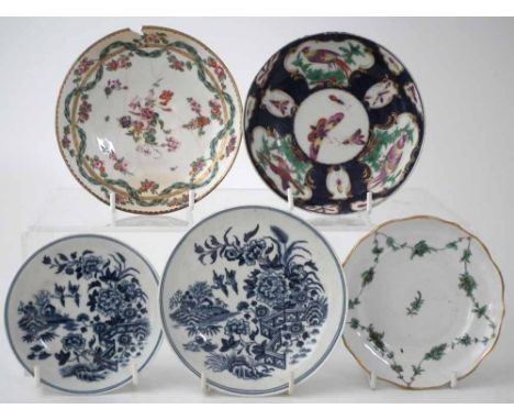 Two Bristol porcelain saucers circa 1780, painted with neoclassical floral decorations, also three Worcester saucers, one pai