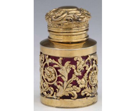 Silver gilt covered ruby glass scent bottle, Sampson, Mordan &amp; Co, London 1892, pierced and embossed with leaf scrolls, h