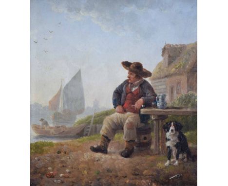 Leendert I de Koningh (1777-1849),  Seated man and dog, initialled, oil on panel, in original gilt frame, 18.5 x 16.5cm.; 7.2