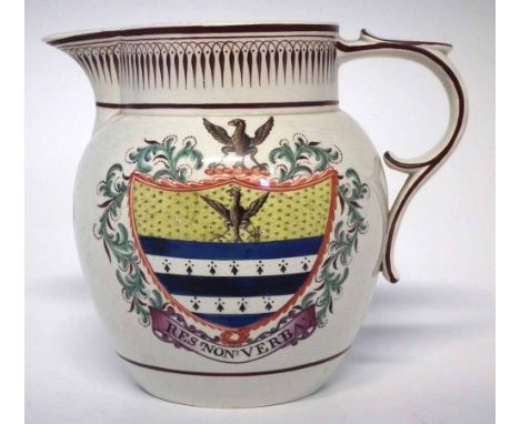 Pearlware armorial jug possibly Leeds, monogrammed H.B. dated 1801,   painted with an eagled crest to one side and a landscap