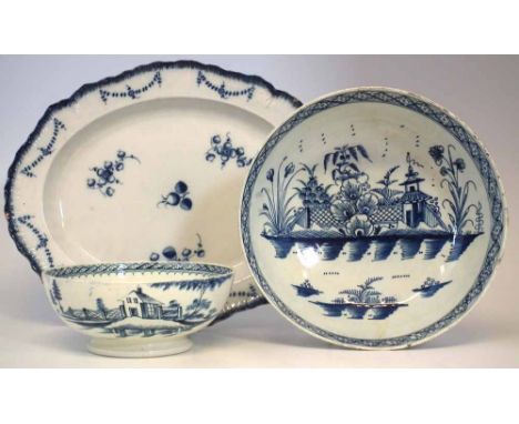 Pearlware meat plate possibly Spode and two bowls, painted with pagodas in landscapes and scattered flora in underglaze blue,