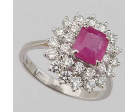 Ruby and diamond cluster ring, the central stone 1.88ct, set on 950 platinum, ring size R+, gross weight 6.5g.