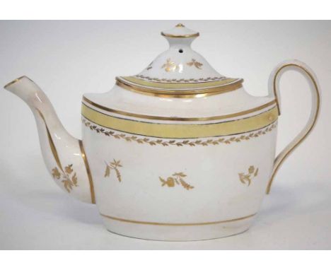 Thomas Wolfe teapot circa 1800   with yellow and gilt banding, incised X and painted No.16 pattern number to base 18cm high  
