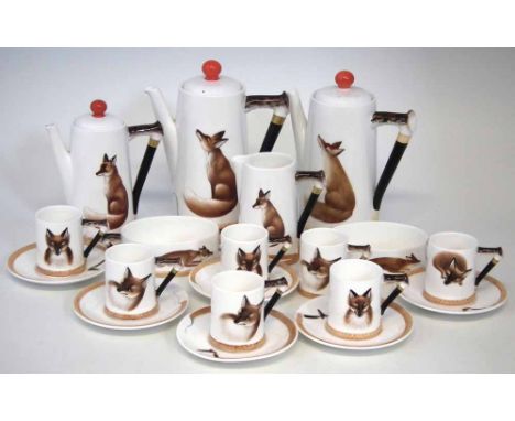 Royal Doulton Reynard the Fox coffee service, to include three graduated coffee pots, cream jug, two open sucriers, seven cof