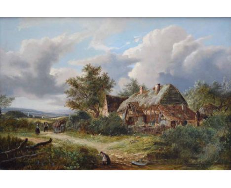Joseph Thors (fl.1863-1900),  Rural scene with cottage and figures, signed, oil on panel, 38.5 x 59cm.; 15.25 x 23.25in.