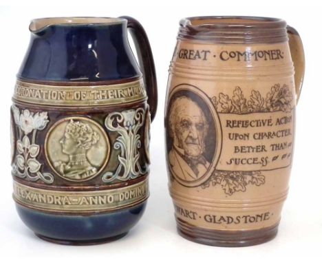 Two Doulton commemorative jugs, one marked Royal Doulton celebrating the coronation of King Edward VII and Queen Alexandra, t