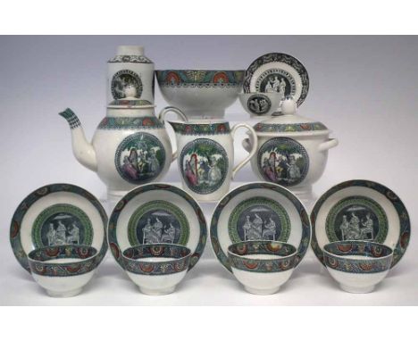 Pearlware tea service, printed with figures playing instruments in garden scenes, to include a lidded teapot, sucrier, bowl, 