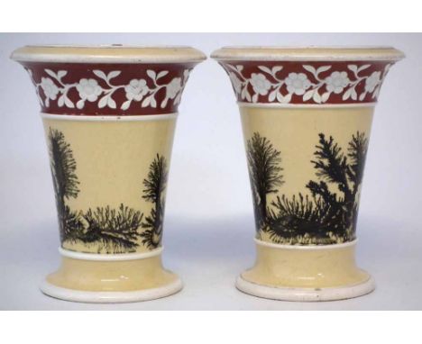 Pair of Spode Mocha ware vases,   with seaweed patterns on a cream ground, impressed marks to bases, early 19th century (2) 1