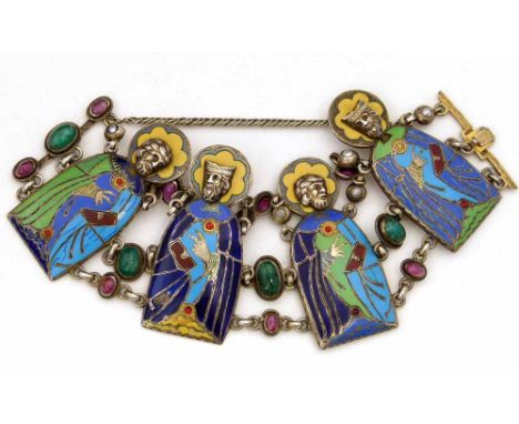 Silver and champleve enamel bracelet decorated with four figures of saints interspersed by rubies and emeralds, French post-1