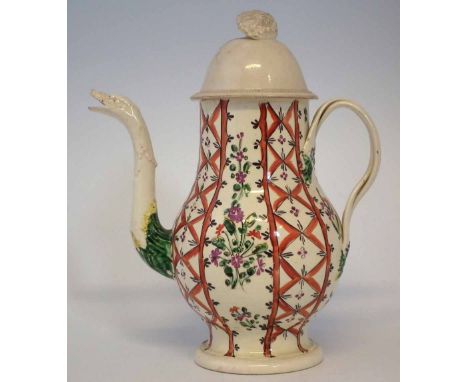 Leeds Creamware coffee pot circa 1780, decorated in the Rhodes Workshop manor with chintz type decoration with flora between 