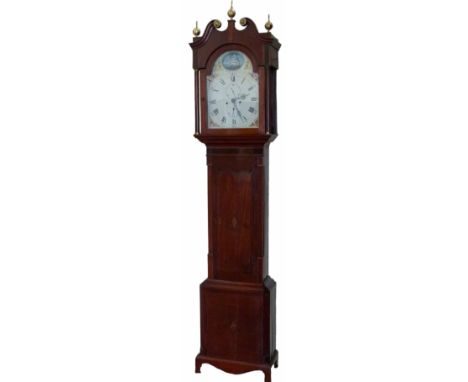 Mahogany longcased clock, the painted break arch dial with an articulated sailing ship "The Queen Charllot",  Roman chapters,