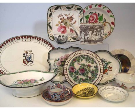 Collection of early 19th century pottery, to include Sewell plate, Sewell Donkin armorial meat plate, Harley Green square sha