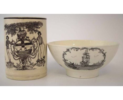 Creamware bowl and tankard circa 1800,   printed with 'Come Box The Compass' sailors a tall ship and verse and 'Within The Ar