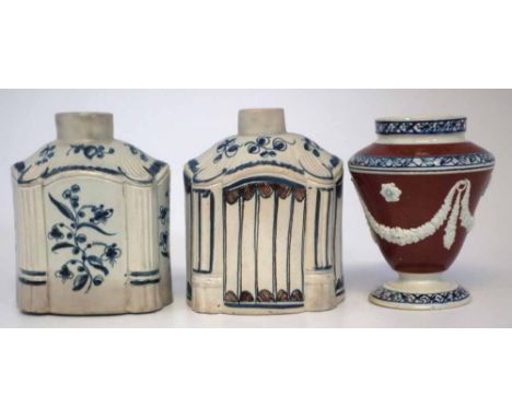 Two pearlware tea caddies and a vase   painted in underglaze blue, the vase with a brown slip overlay and moulded with classi