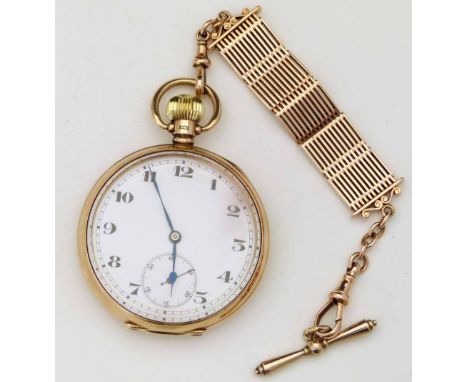 9ct gold open faced pocket watch, Dennison case Birmingham 1922, white enamel Arabic dial, subsidiary secondsm case diameter 