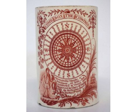 Creamware mug circa 1800,   printed in terracotta with 'Come Box the Compass' 11.5cm high    Condition report: Chip and small