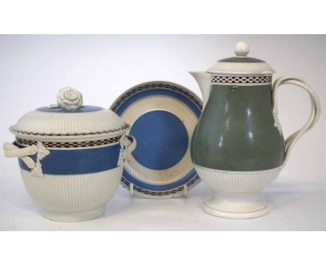 Pearlware lidded jug and a sucrier and stand circa 1800, probably Leeds, with moulded strap handles, reeded bands and chequer