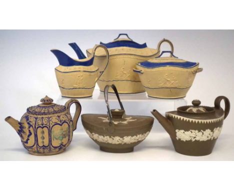 Collection of Stoneware   Dry bodied stoneware three piece teaset possibly Lakin moulded with figures painted with over glaze