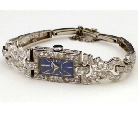 Platinum & diamond Uno cocktail wristwatch, rectangular blue enamel dial, diamond bezel width 13mm on a diamond bracelet, Swi