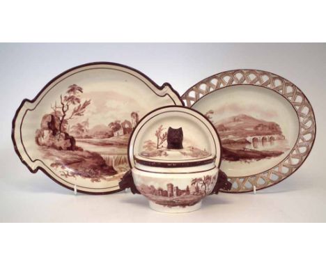 Pearlware lidded small tureen and stand, an oval pierced dish and a twin handled dish, painted in Sepia with landscapes, earl