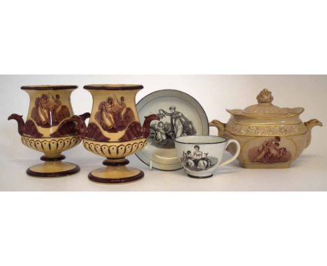 Pair of buff coloured twin handled vases, with twin handles printed in sepia with figures after Adam Buck, together a similar