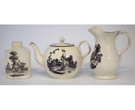Leeds Creamware teapot circa 1800, with prints attributed to Thomas Baddeley of Hanley of 'Lady and Child from Wakefield Lodg