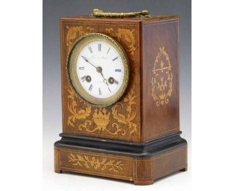 French mantel clock in an inlaid rosewood case, white enamel Roman dial named Louis & Mier a Paris, and on the movement, eigh