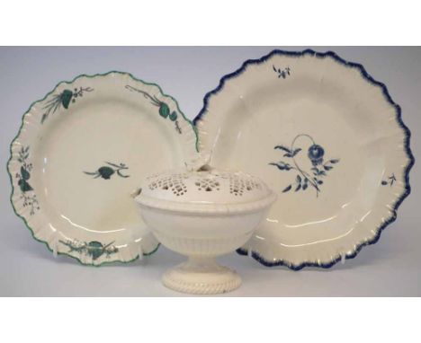 Creamware small tureen Probably Wedgwood, with pierced cover and floral finial, also a Neale & Co. plate with over glaze blue