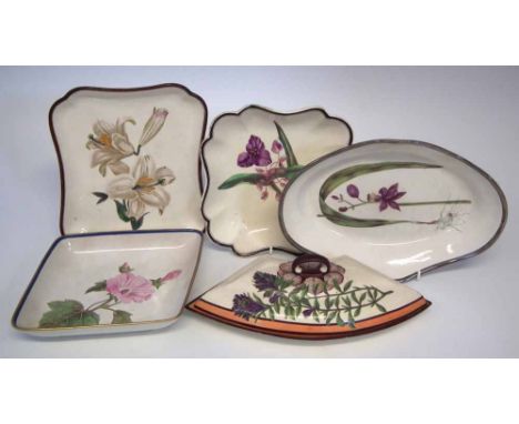 Five pieces of Creamware / Pearlware painted with Botanical studies, to include a lidded supper dish segment and four dishes,