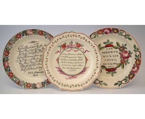 Three Dutch decorated Creamware plates dated 1785, 1813, and 1819, two impressed Sewell and Donkin, (3) 25.5cm diameter See N