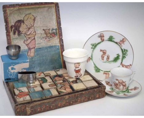 Shelley Mabel Lucie Attwell jigsaw block set, also a Woods plant pot, an Old Hall egg cup with box and napkin ring, and a Roy