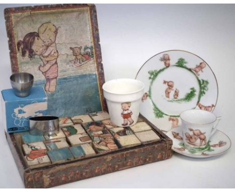 Shelley Mabel Lucie Attwell jigsaw block set, also a Woods plant pot, an Old Hall egg cup with box and napkin ring, and a Roy