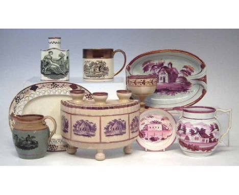 Collection of pink lustre ware, to include a bough pot possibly Factory Z, a Lakin twin handled dish and pierced stand, also 