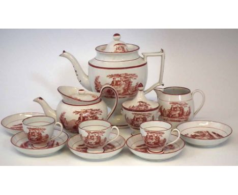 Pearlware part tea and coffee service attributed to Sewell, printed in terracotta with tea party patterns, to include a coffe