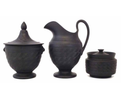 Black Basalt cream jug and lidded sucrier by Shortnose & Co. circa 1820, with engine turned patterns, also a similar lidded b