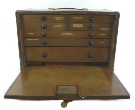 An engineering tool set, in a fitted Moore &amp; Wright wooden tool box fitted with seven drawers and a lock, 43 by 21.5 by 2
