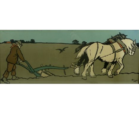 Cecil Aldin (British, 1870-1935): two prints, one of a shire horse ploughing land, 27.5 by 71cm, glazed and framed, 40 by 78c