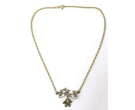 A 9ct gold chain with attached gilded silver floral and trailing vine pendant set with pearls, clasp hallmarked 375, 9ct chai