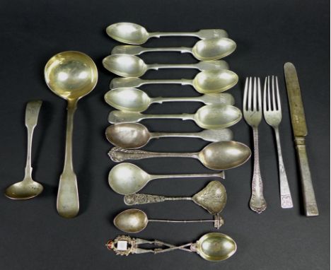 A group of silver flatware, Georgian, Victorian and later, including a George III silver sauce ladle, William Eley &amp; Will