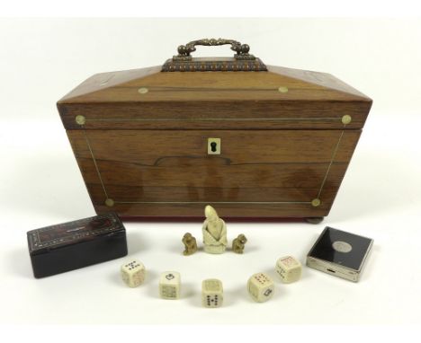 An ivory netsuke of a kneeling courtier, a set of ivory poker dice, papier mache snuff box, 8 by 3.5 by 3cm, plus a rosewood 