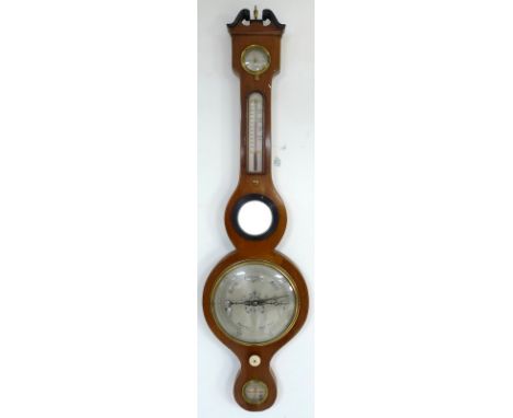 A Victorian wheel barometer, thermometer, hygrometer and level, mahogany and line inlaid case, silvered dial engraved 'Bernha