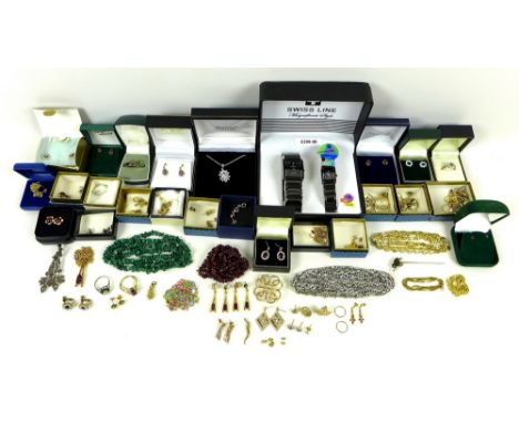 A large collection of costume jewellery, including various 9ct gold and yellow metal earrings, some marked 375 or 9ct, such a