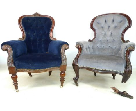 A Victorian mahogany button back armchair, upholstered in green velvet, a/f leg damaged, 75 by 77 by 110cm high, together wit
