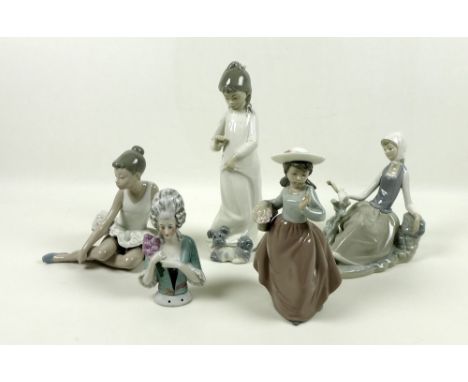 A collection of Lladro figures, including a seated girl with dove, model H13E, Nao, a girl with basket, a seated ballet dance