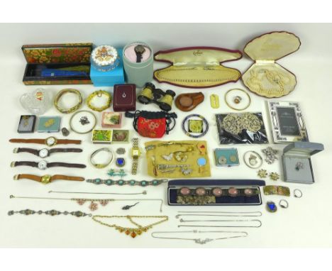 A group of vintage and later costume jewellery, vertu and watches, including various silver rings, chains, necklace, thimble,