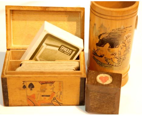 Wooden playing card box, trumps dice and bamboo dice shaker. P&amp;P Group 1 (£14+VAT for the first lot and £1+VAT for subseq