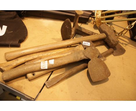 Four vintage axes, shoe last, large cold chisel and a sledge hammer. This lot is not available for in-house P&amp;P. 