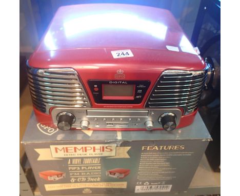 Red GPO Memphis Retro Music Centre ? 3 speed turntable: 33/45/78; MP3/USB player; FM radio with remote control. P&amp;P Group