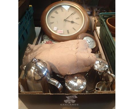 Box of various items to include clock, barometer and metalware. This lot is not available for in-house P&amp;P. 