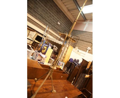 Large brass framed standard lamp on tripod support. This lot is not available for in-house P&amp;P. 